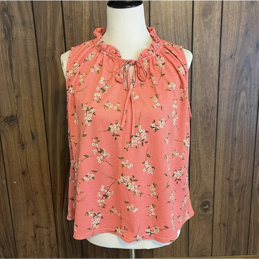 MELLODAY Womens Large Pink Floral Blouse Sleeveless Necktie‎ Boho Feminine
